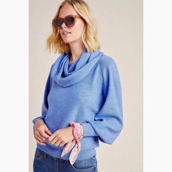 Anthropologie Jolene Blue Merino Wool Cowl Neck Sweater - Picture 1 of 8